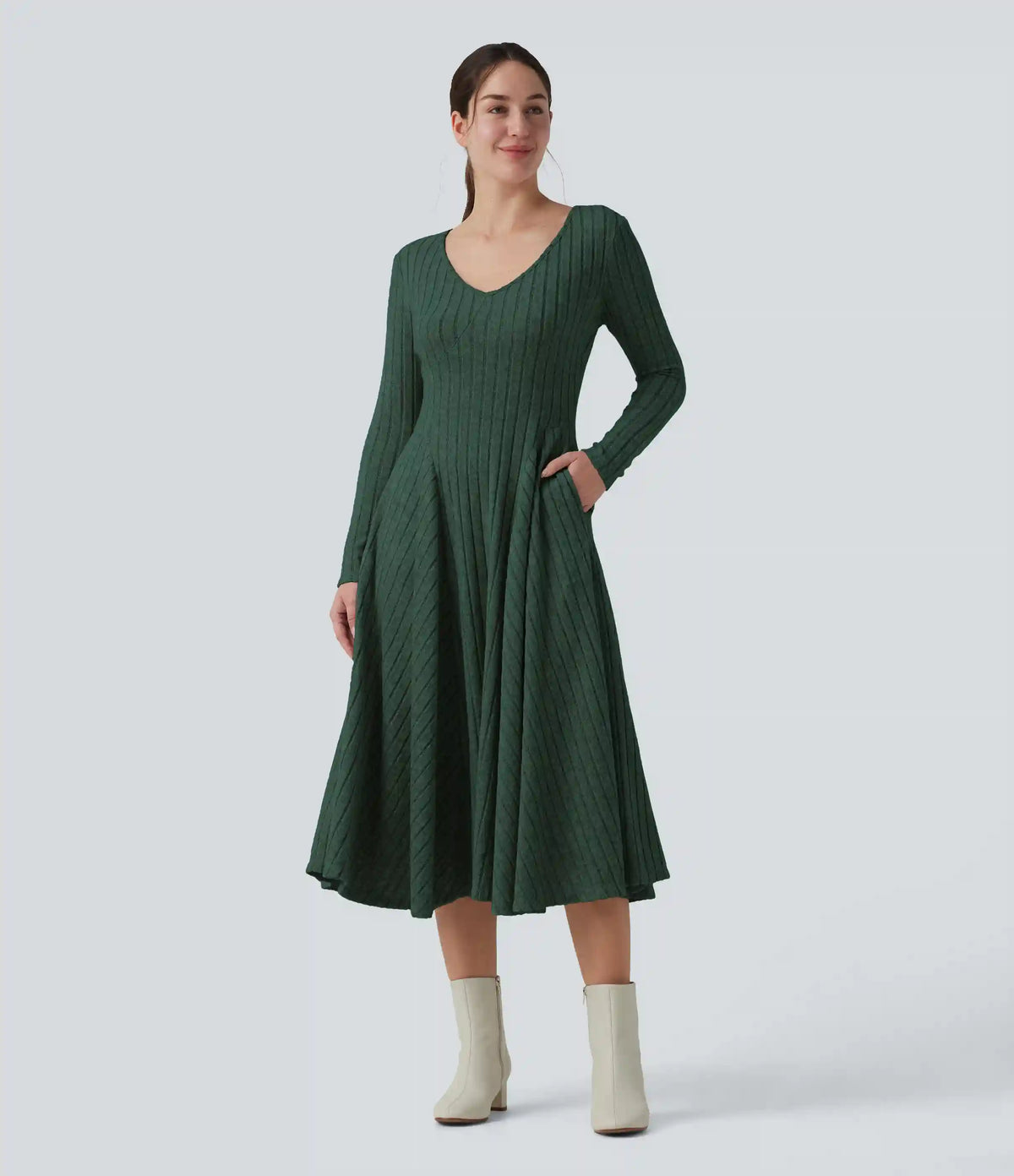 Ribbed Knit V Neck Long Sleeve Flare Midi Casual Dress with Pockets