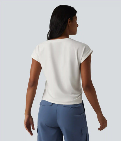 Round Neck Short Sleeve Curved Split Hem Casual T-Shirt
