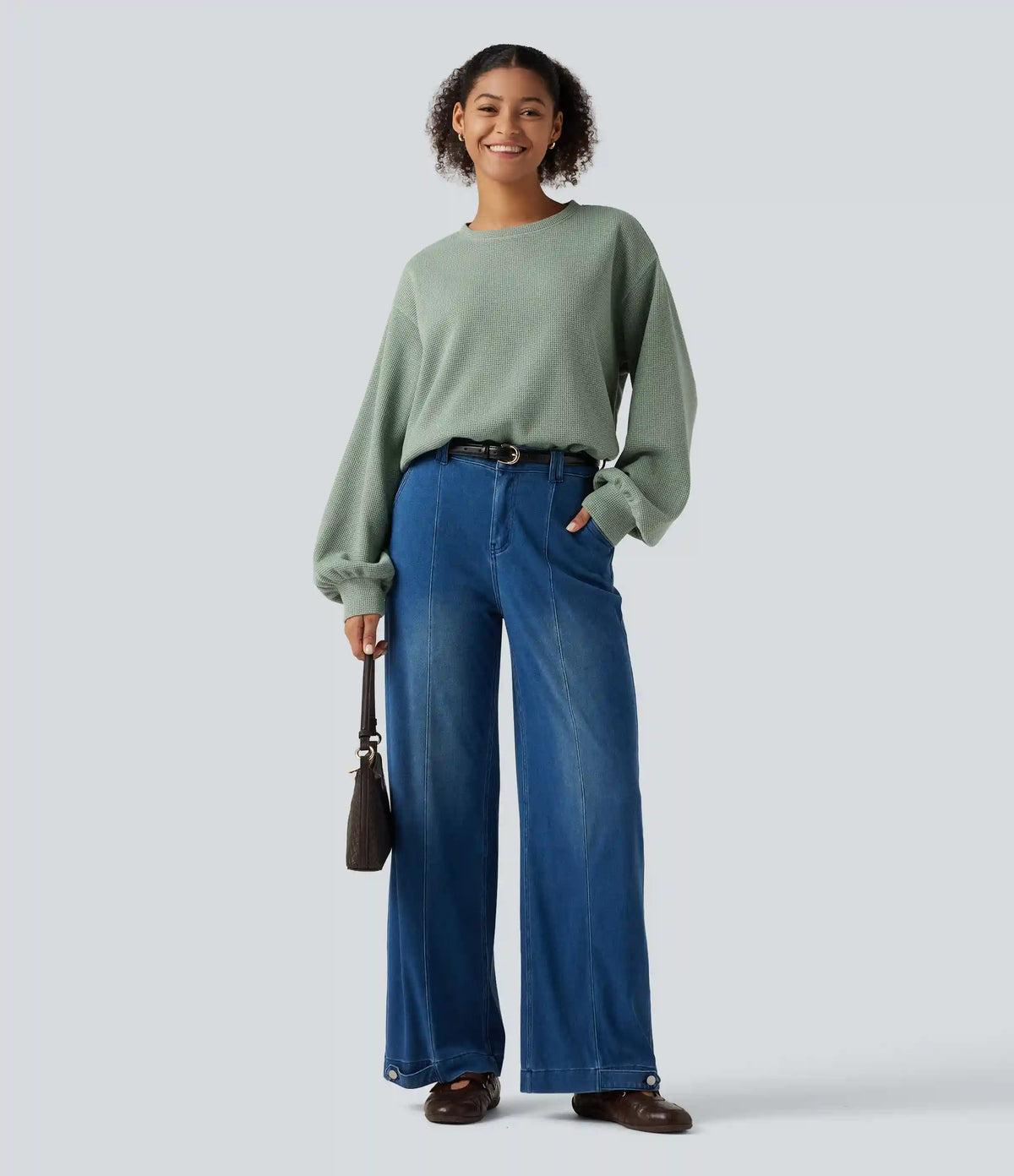 Round Neck Dropped Puff Long Sleeve Waffle Casual Top
