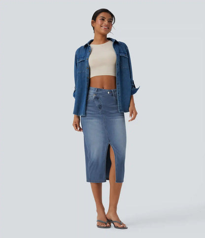 Halara Flex™ Asymmetric Mid Rise Split Bodycon Denim Casual Skirt with Pockets