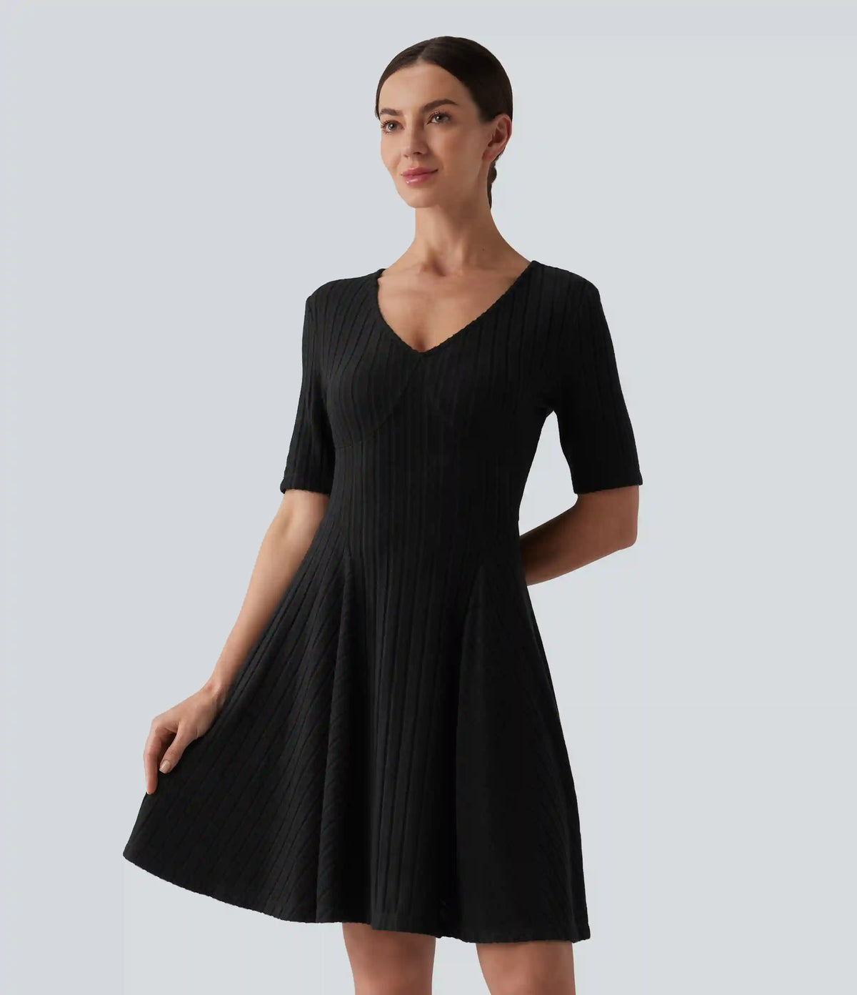 Ribbed Knit V Neck Short Sleeve Flare Mini Casual Dress