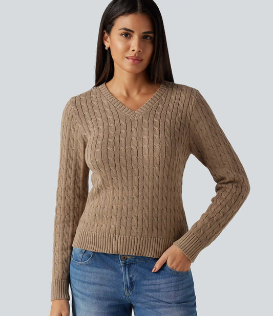 Cable Knit V Neck Long Sleeve Work Sweater
