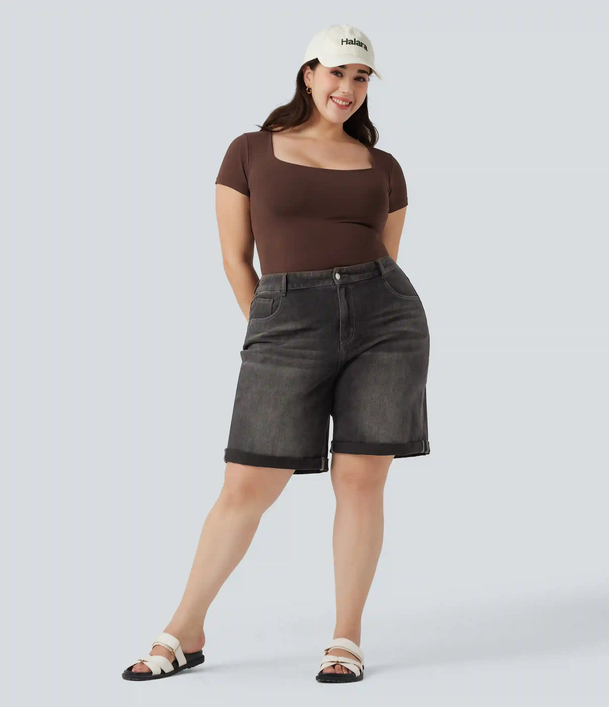 Halara Flex™ High Waisted Multiple Pockets Rolled Hem Washed Stretchy Knit Denim Casual Plus Size Bermuda Shorts