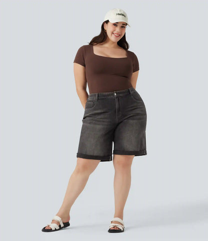 Halara Flex™ High Waisted Multiple Pockets Rolled Hem Washed Stretchy Knit Denim Casual Plus Size Bermuda Shorts