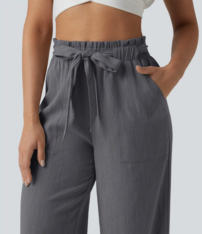 High Waisted Lettuce Trim Belted Straight Leg Casual Linen-Feel Pants with Pockets