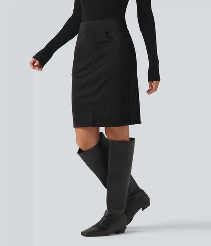 High Waisted Bodycon Suede Mini Party Skirt with Pockets