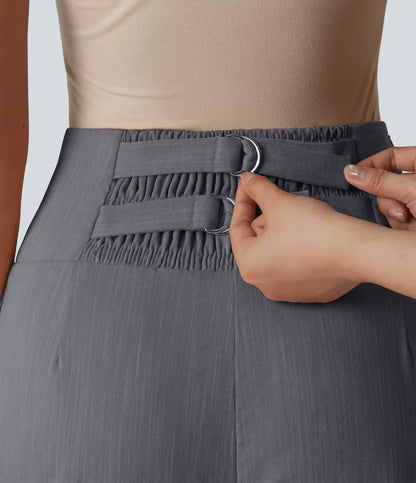 Adjustable Super High Waisted Shirred Wide Leg Casual Linen-Feel Pants with Pockets