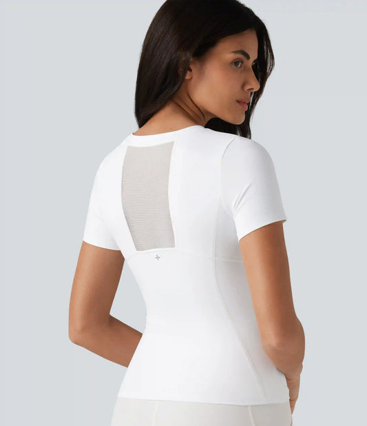 SoftlyZero™ Airy Round Neck Short Sleeve Contrast Mesh InstantCool Yoga Sports Top
