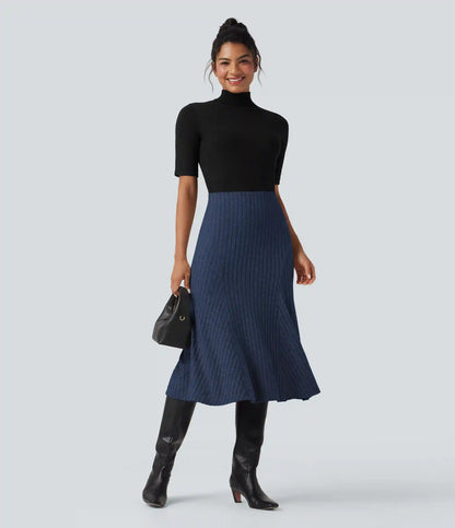 Ribbed Knit High-waisted Midi Casual A-line Skirt