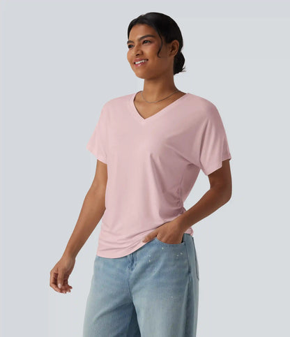 V-neck Short Sleeve Ruched Plain Casual T-Shirt