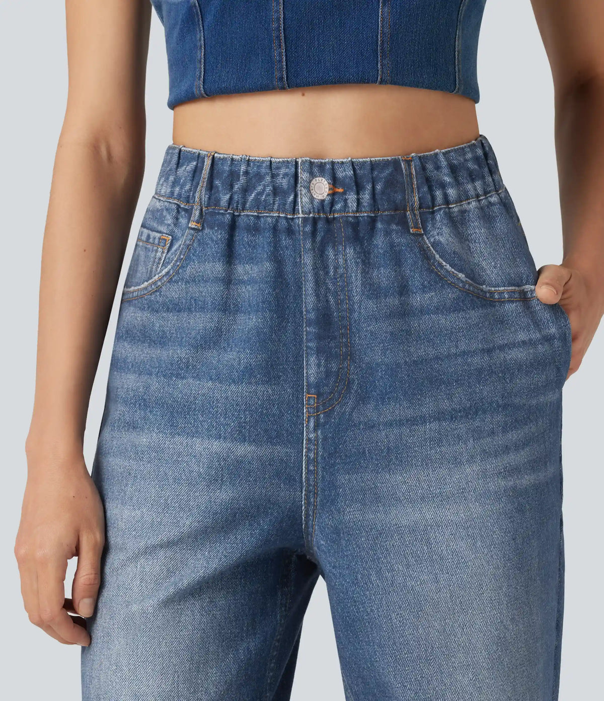 High Waisted Denim Print French Terry Casual Sweatpants Jeans with Pockets