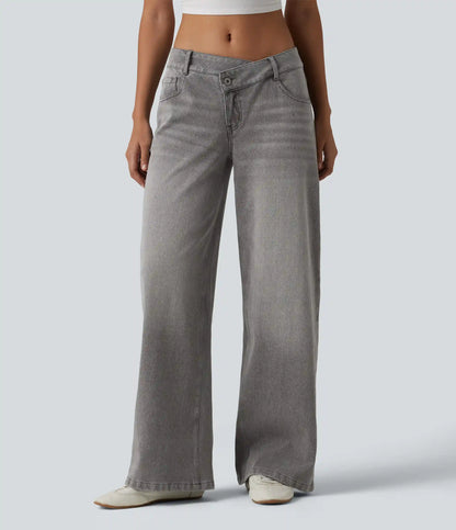 Halara Flex™ Asymmetric Low Rise Zipper Pockets Baggy Wide Leg Washed Casual Jeans