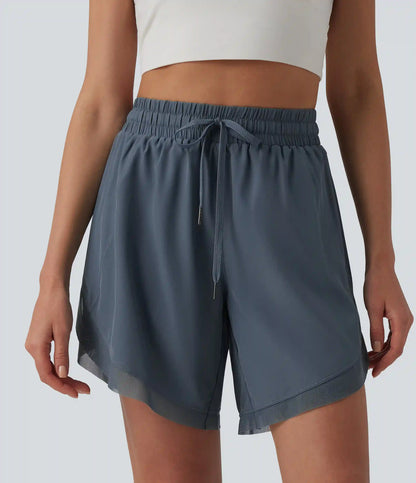 Mid Rise Drawstring Contrast Mesh 2-in-1 Flowy Yoga Shorts 7''