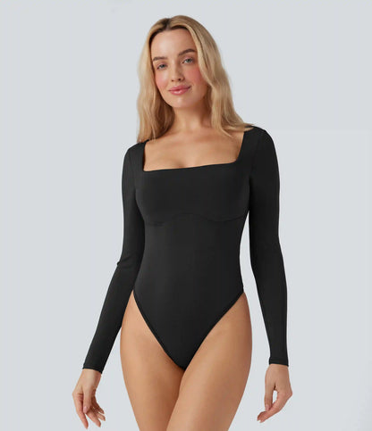 Square Neck Long Sleeve Built-in Bra Skinny Work Bodysuit