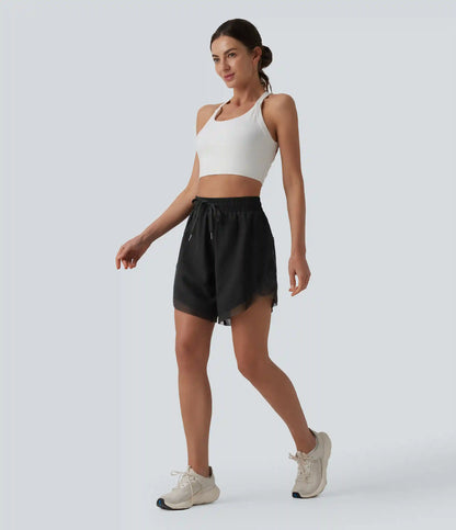 Mid Rise Drawstring Contrast Mesh 2-in-1 Flowy Yoga Shorts 7''
