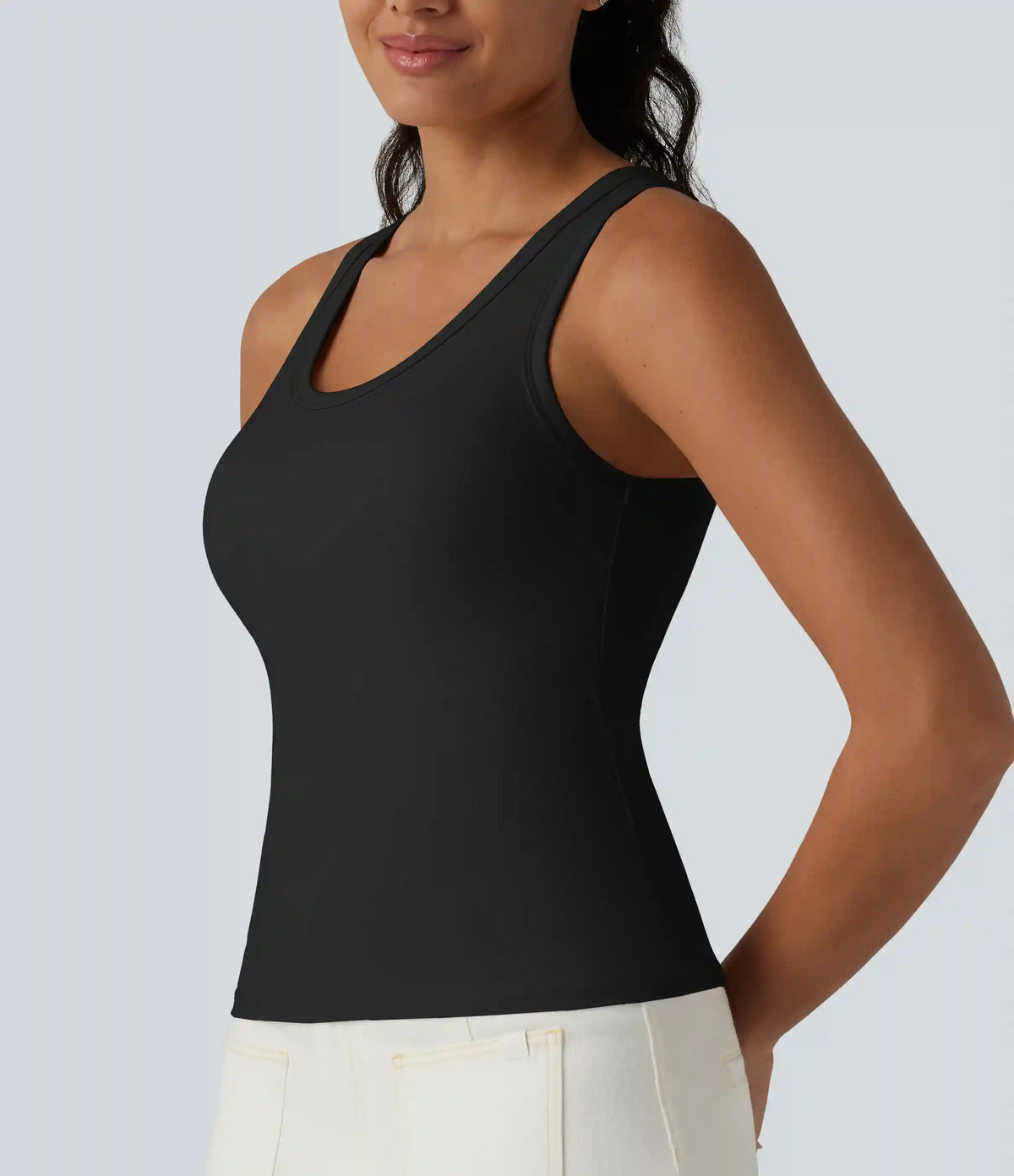 Ribbed Knit U Neck Built-in Bra Dance Tank Top B-E Cups
