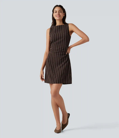Boat Neck Sleeveless Striped Mini Casual Dress with Pockets