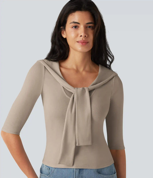 V-neck Tie Half Sleeve 2-in-1 Lyocell Casual Top
