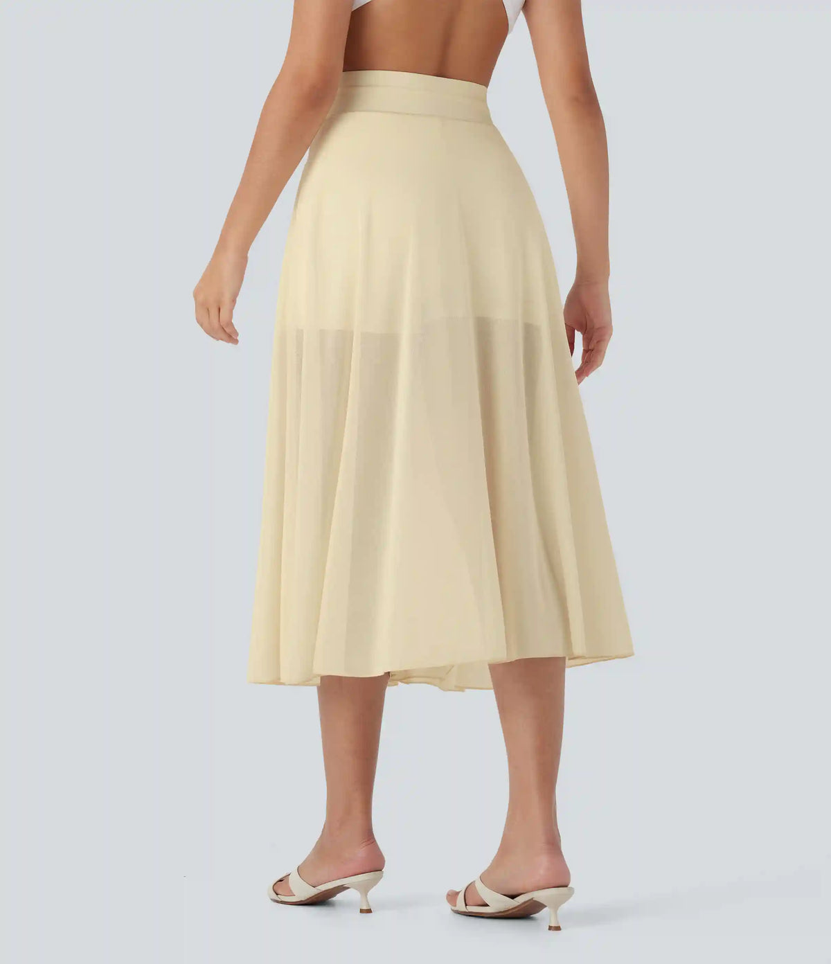 High Waisted Drawstring Contrast Mesh 2-in-1 Pocket Flowy Midi Flare Casual Skirt