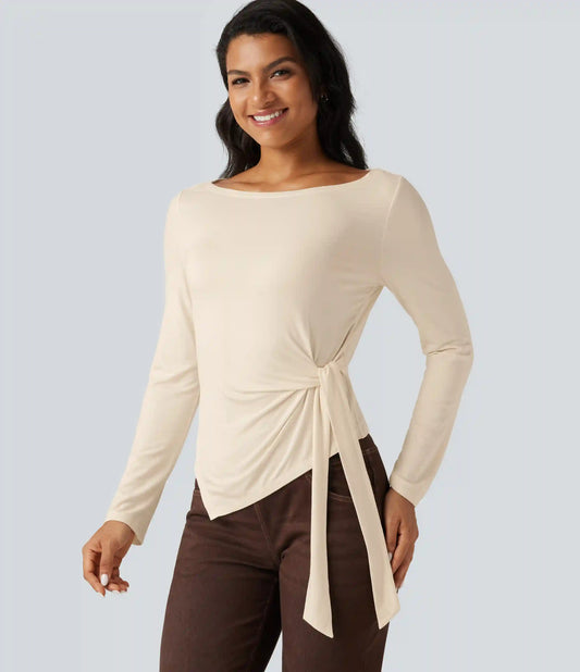 Boat Neck Long Sleeve Tie Side Asymmetric Hem Casual T-Shirt