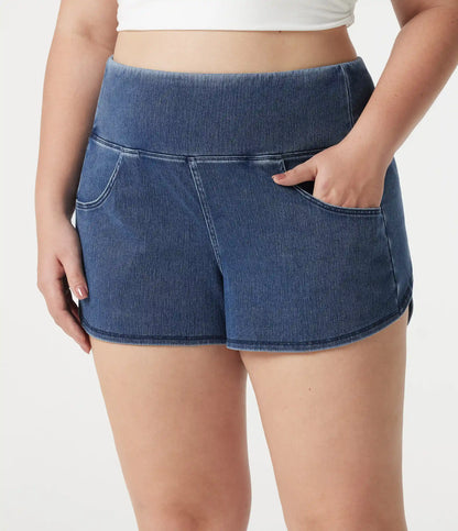Halara Flex™ Denim Plus Size High Waisted Tummy Control Curved Hem Skinny Casual Shorts with Pockets