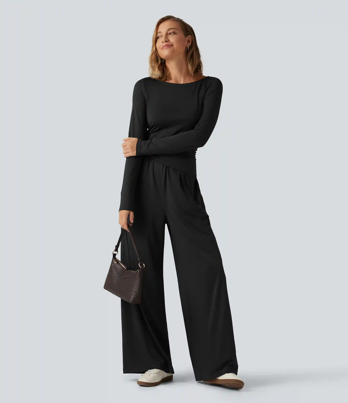 Boat Neck Long Sleeve Wide Leg Ruched Casual Jumpsuit with Pockets-Easy Peezy Edition