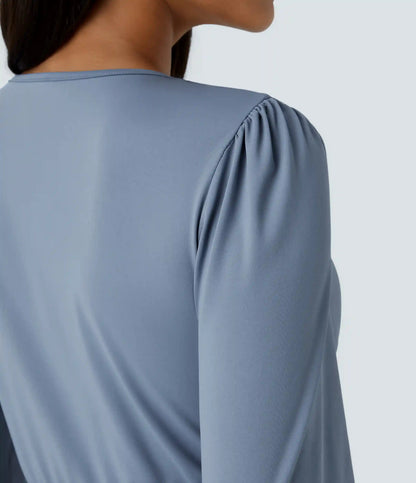 V Neck Long Sleeve Tulip Hem Midi Dress