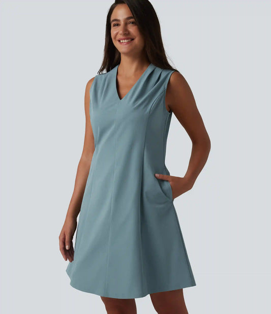 V-neck Sleeveless Pleated Invisible Zipper Mini A-line Stretchy Poplin Work Dress with Pockets