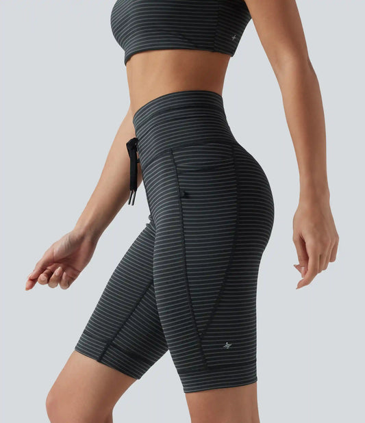 High Waisted Drawstring Striped Yoga Biker Shorts 9'' with Pockets