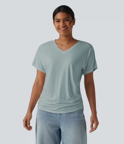 V-neck Short Sleeve Ruched Plain Casual T-Shirt