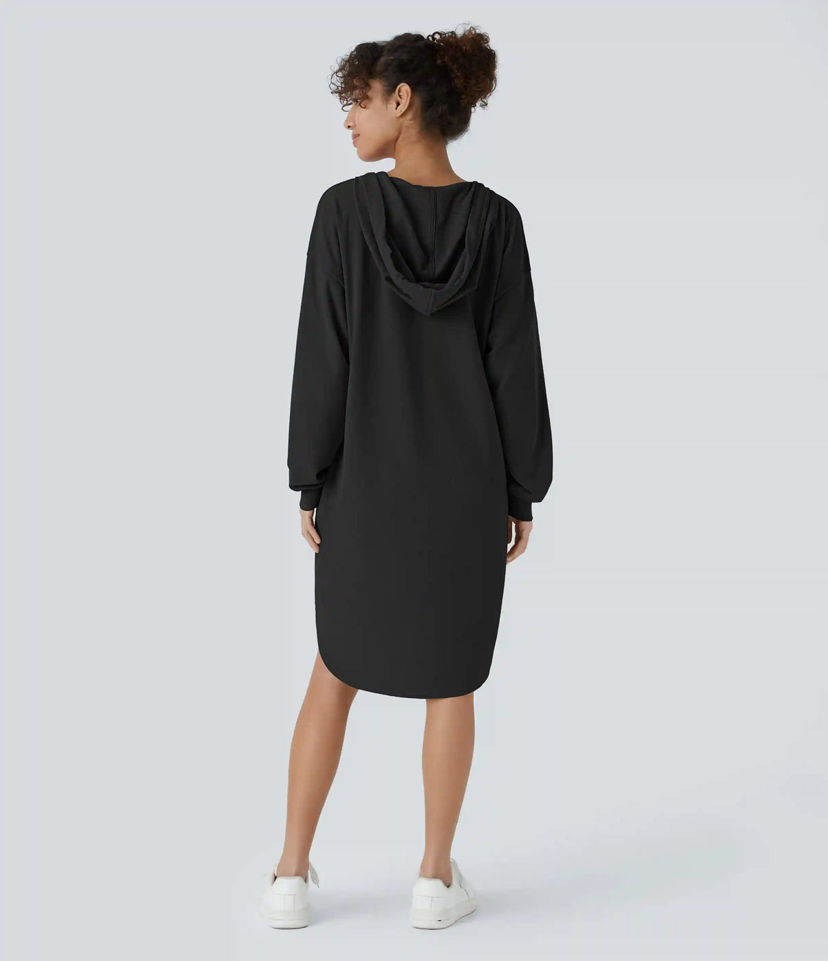 Drawstring Hooded Long Sleeve Pocket High Low Curved Hem Oversize Mini Waffle Casual Sweatshirt Dress