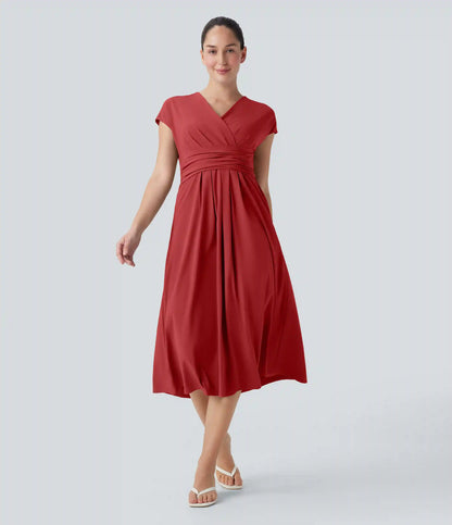 Breezeful™ V Neck Short Sleeve Pocket Tie Back Quick Dry Midi Casual Dress