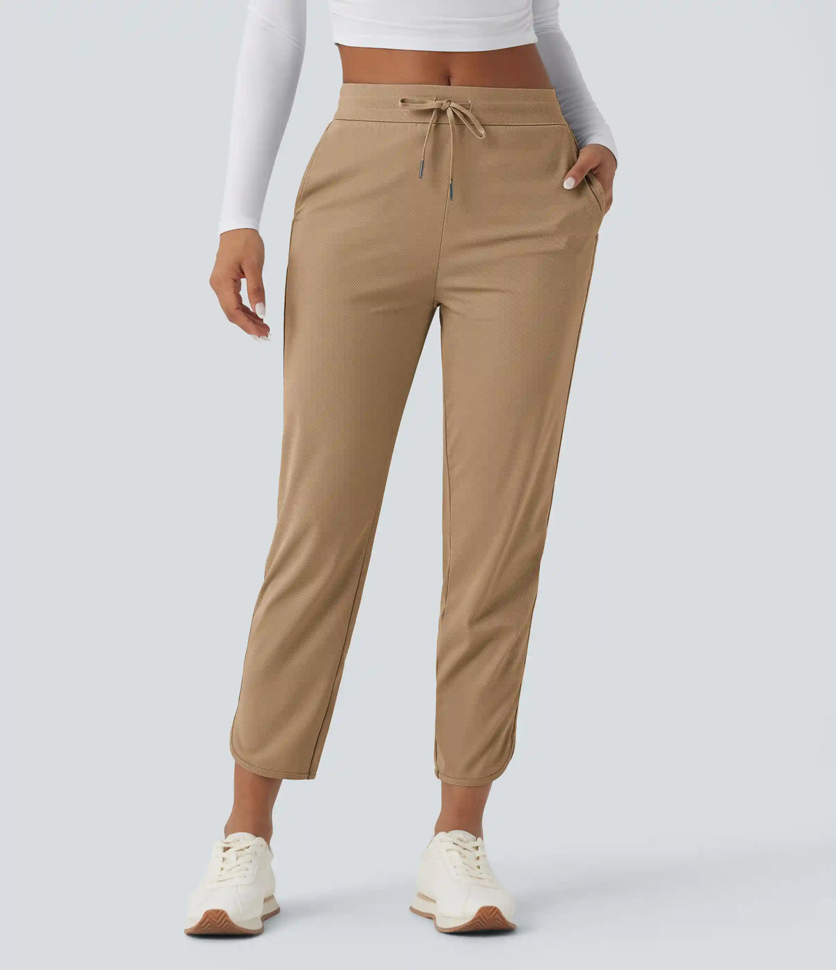 Mid Rise Drawstring Curved Hem Quick Dry Golf Tapered Pants with Pockets-UPF40+