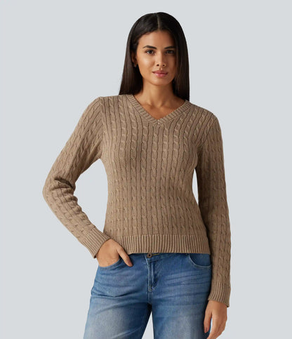 Cable Knit V Neck Long Sleeve Work Sweater