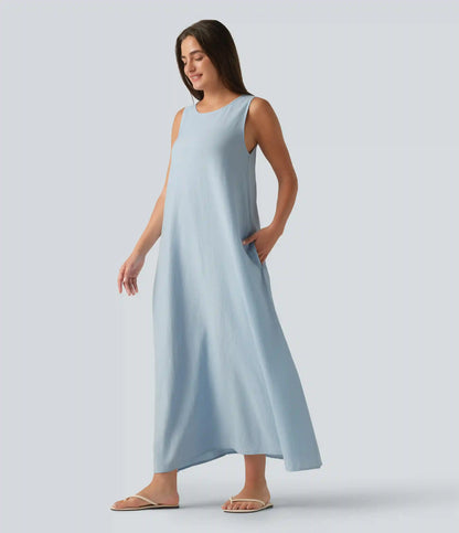 Round Neck Sleeveless Midi Plain Casual Tank Dress with Pockets