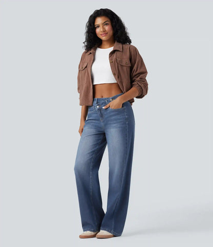 Halara Flex™ Asymmetric High Waisted Washed Casual Baggy Jeans with Pockets