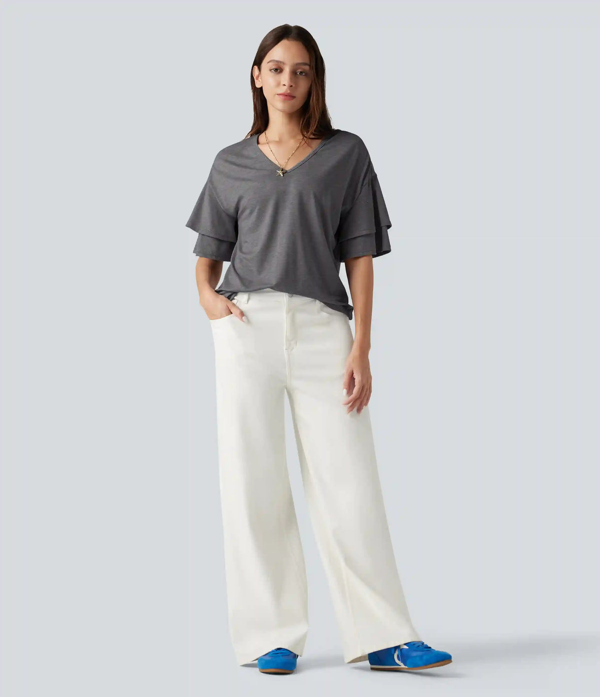 V-neck Flounce Sleeve Casual Top
