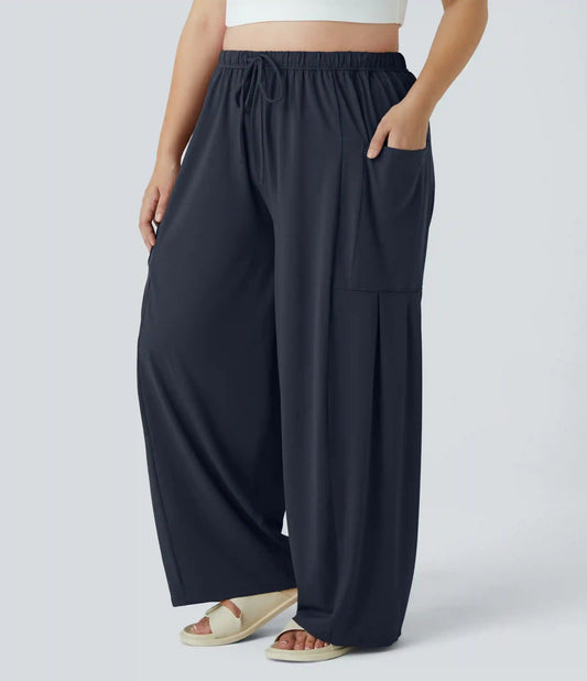 Mid Rise Elastic Waistband Drawstring Pocket Palazzo Flowy Wide Leg Casual Plus Size Pants