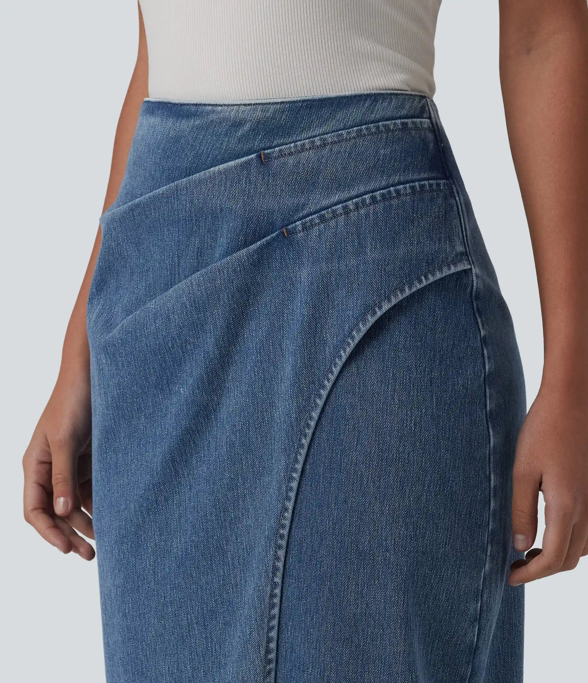 Halara Flex™ High Waisted Back Zipper Ruched Tulip Hem Midi Washed Denim Casual Skirt