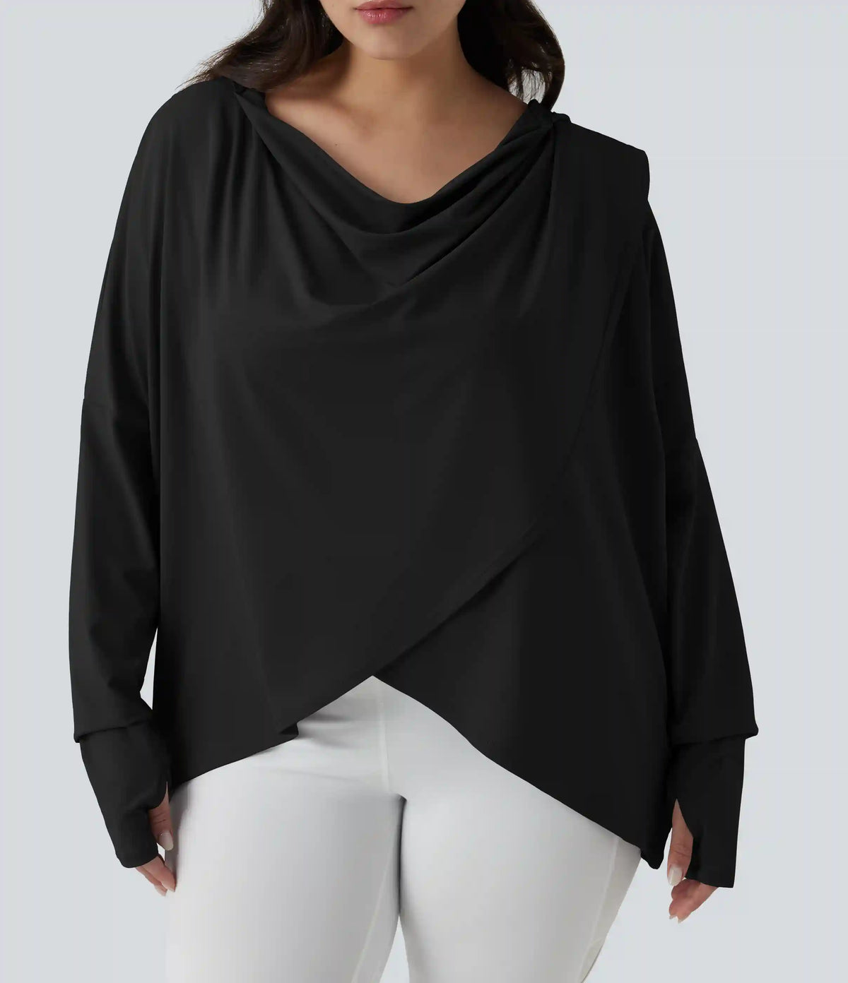 Plus Size Hooded Cowl Neck Long Sleeve Thumb Hole Yoga Sports Top with Pockets