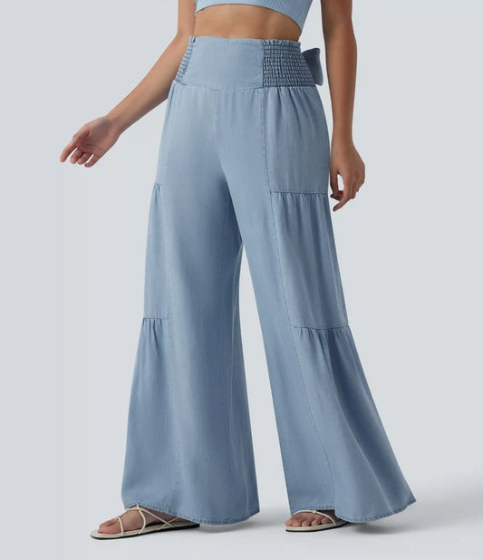 High Waisted Shirred Tie-back Draped Casual Baggy Wide Leg Jeans