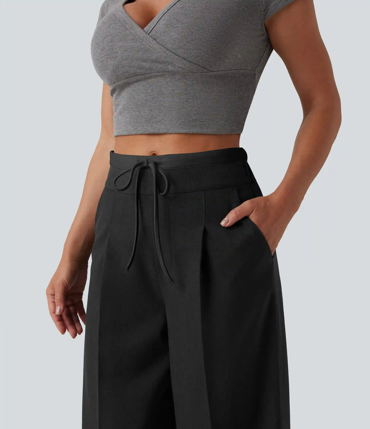 High Waisted Drawstring Wide Leg Work Pants with Pockets