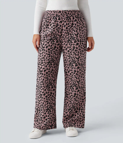 High Waisted Leopard Print Corduroy Casual Baggy Pants with Pockets