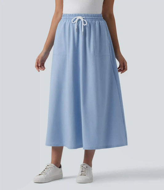 High Waisted Drawstring Midi Denim Like Casual A-line Skirt with Pockets