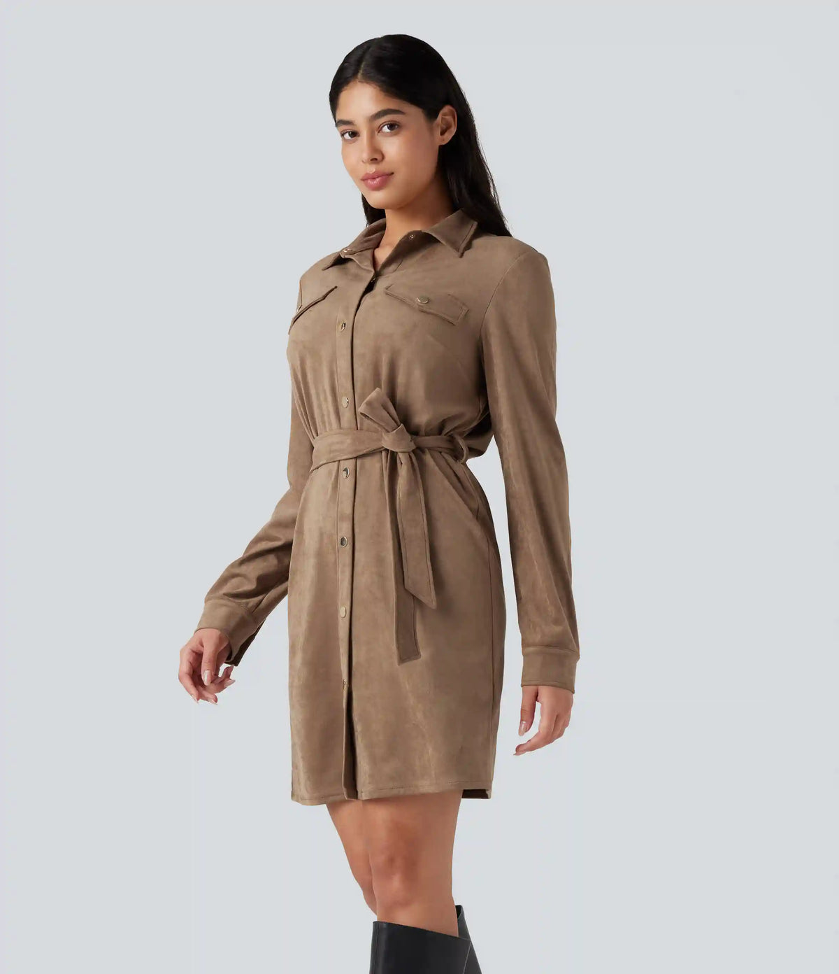 Long Sleeve Belted Suede Mini Casual Shirt Dress