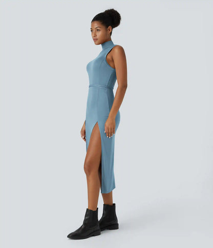 Ribbed Hooded High Neck Sleeveless Cut Out Tie Back 2-Piece Midi Casual Dress