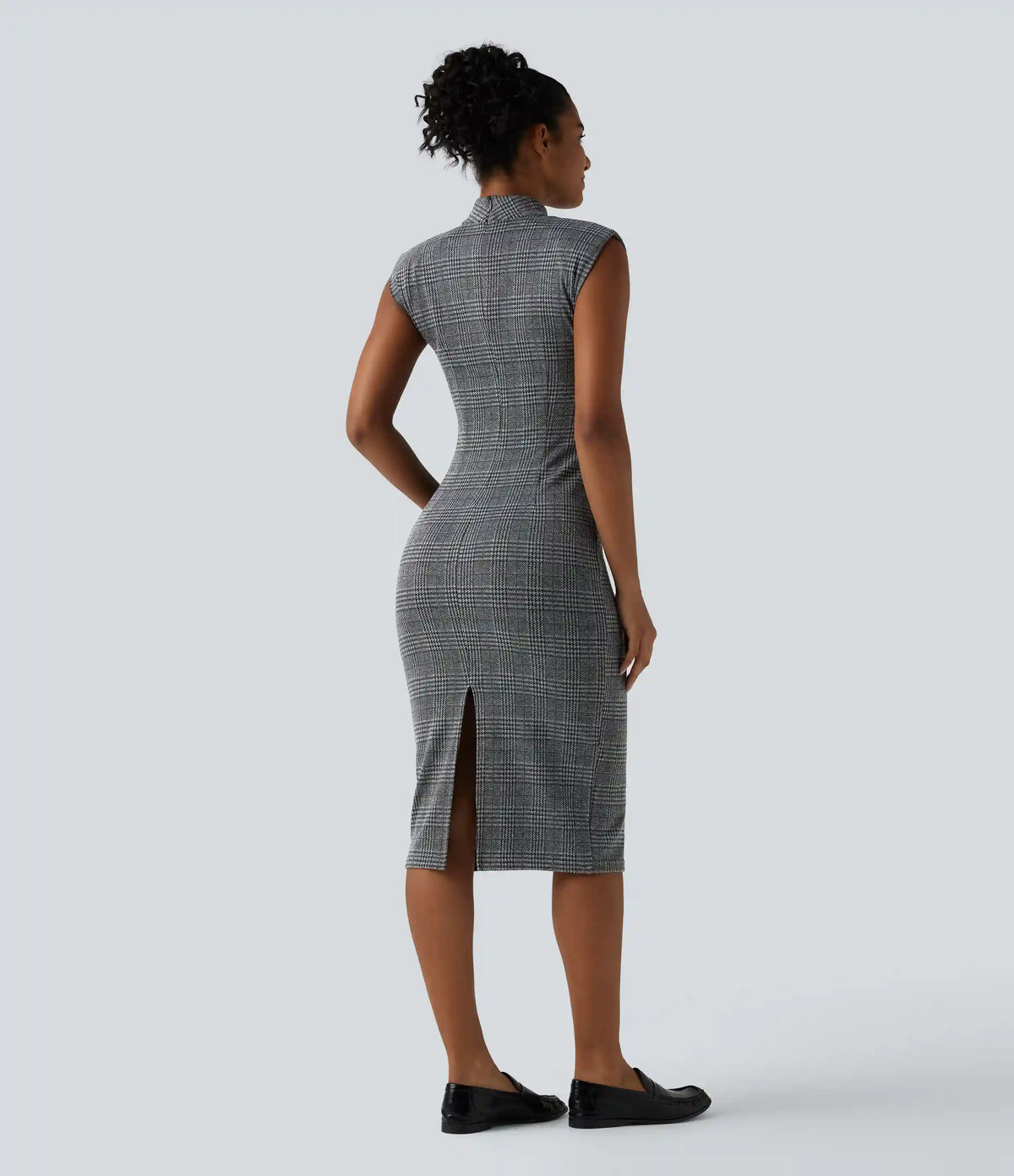 High Neck Sleeveless Bodycon Houndstooth Plaid Midi Work Dress