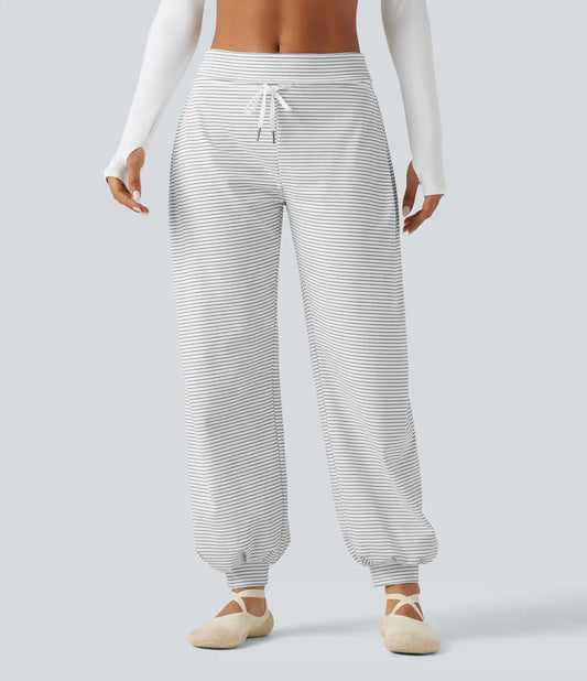 Mid Rise Foldover Drawstring Stripe Yoga Jogger with Pockets