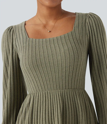Ribbed Knit Square Neck Puff Long Sleeve Casual Dress with Pockets