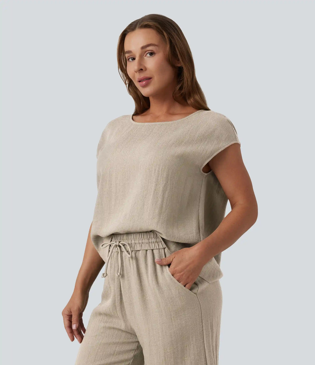 Round Neck Batwing Sleeve Casual Linen-Feel Top